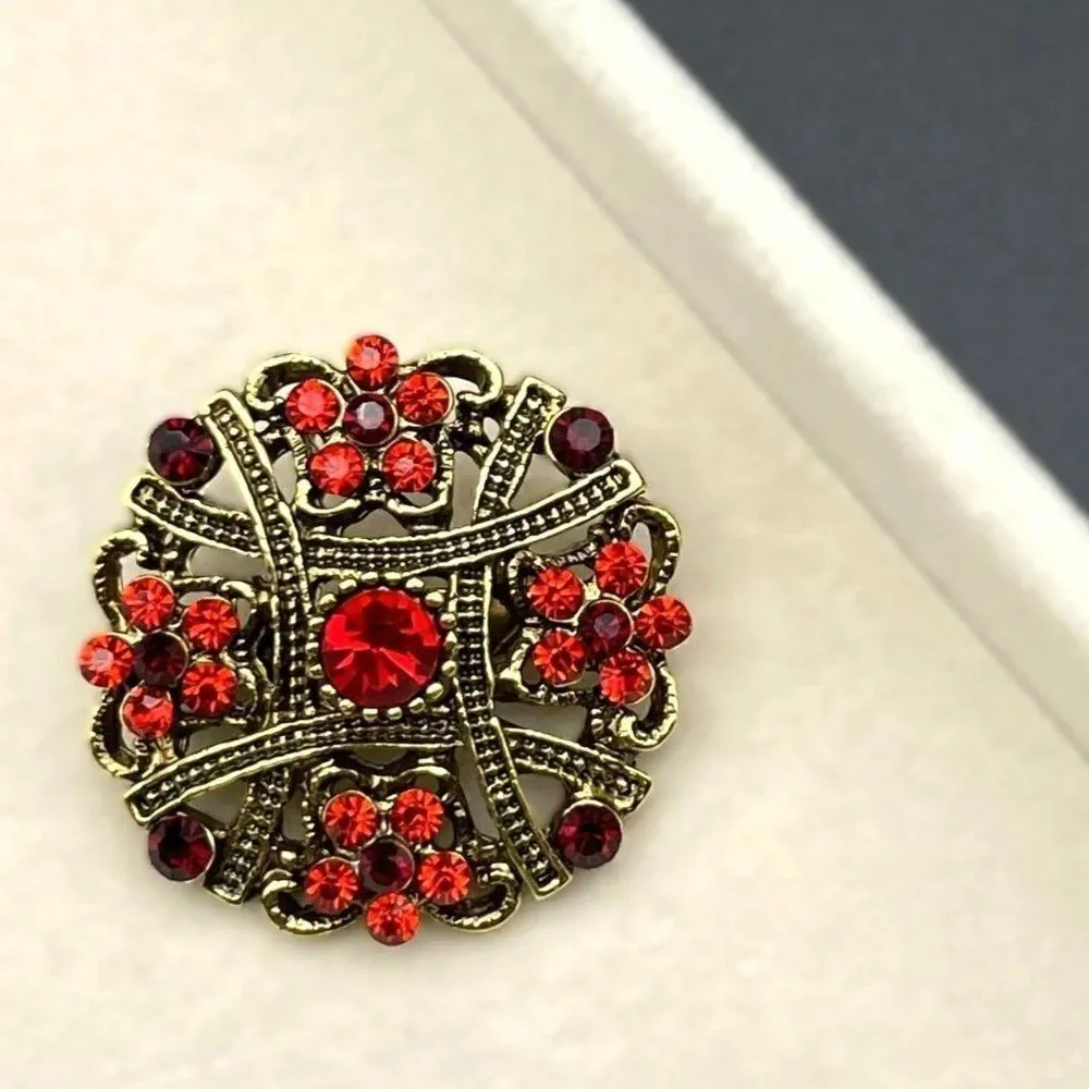 Yellow Gold with Ruby Red and Garnet Red Crystal Flower Pin Back Brooch